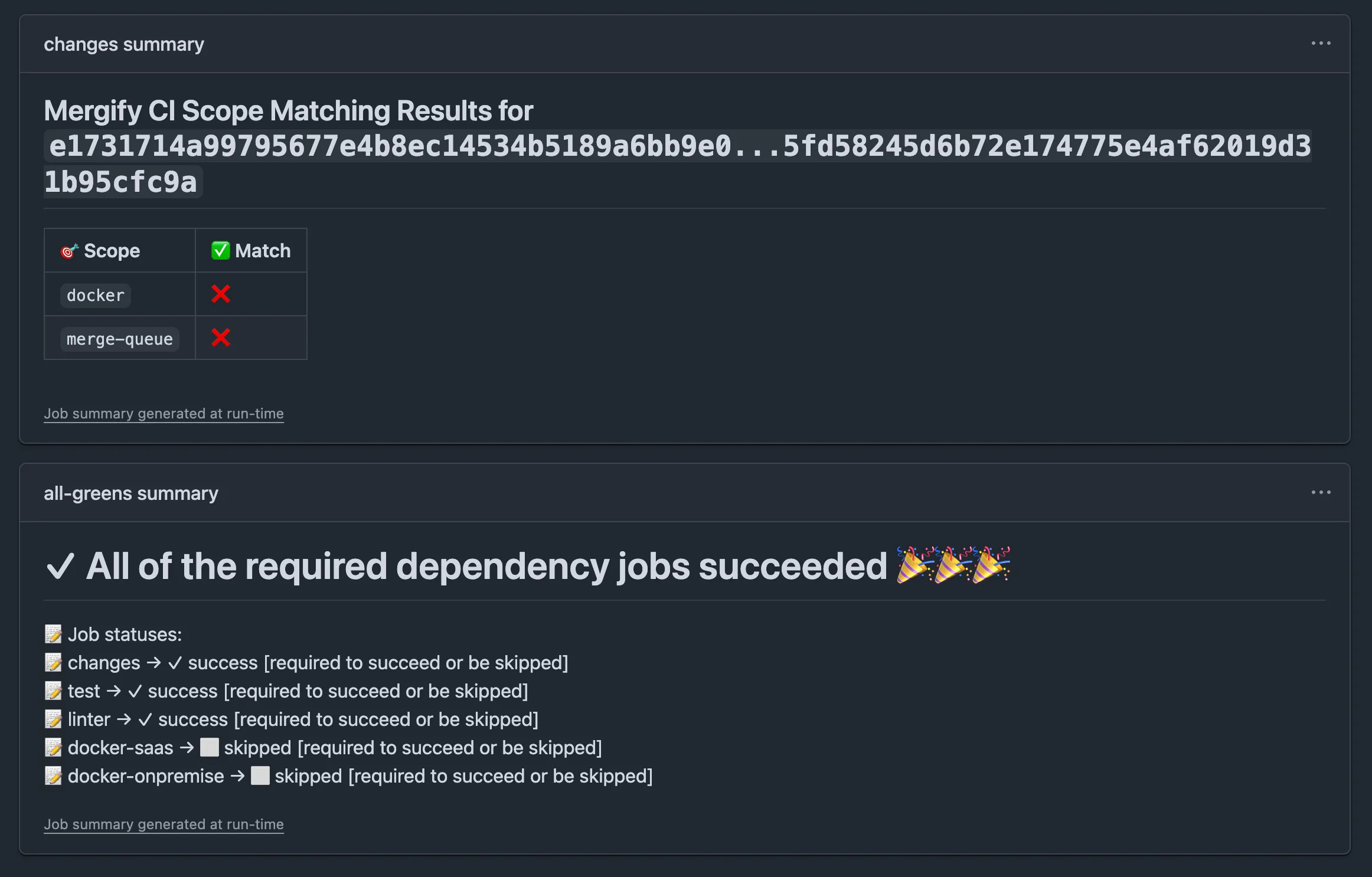 GitHub Actions summary showing detected scopes and ci-gate result